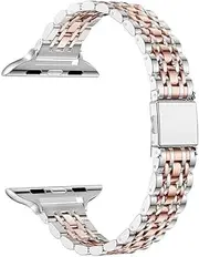 [MaKTech] Stainless Steel Wristband,Women Slim Seven-Pieces Links 14mm Metal Bracelet Band for Apple Watch 10/9/Ultra 2/SE/8/7[2024] (42mm/41/40mm,Silver/Rose Gold)