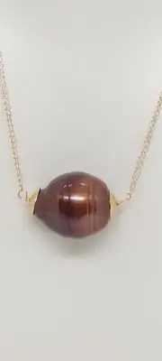CHOCOLATE Baroque Tahitian Pearl Yellow Gold 14k Pendant / Necklace 18 Inches