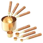 Gold Stainless Steel Measuring Cups and Spoons Set of 8, Wooden Handle with U...