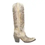 Corral Boots Distressed Glitter Tooled Inlay Snip Toe Cowboy Womens Beige Casua