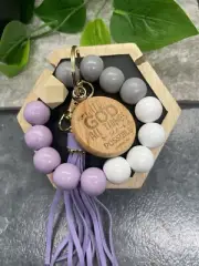 7" Handmade Wood Bead Leather Tassel Scripture Keychain Purse Wristlet B2565