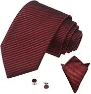 [Aiko Fashion] Mens Striped Business Formal Woven Silk Ties Wedding Groomsmen Party Tie Necktie with optional Pocket Square Handkerchief Hanky Cufflink Set (Matching Hanky & Cufflink, Burgundy)