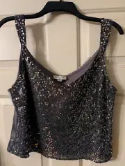 TAHARI Sequined Mesh Camisole Silver Gray14side zip NWT stretch lined Party