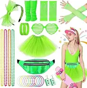 80s Fancy Dress for Women Girls, 1980s Party Costume Accessories Set Bumbag Tutu Skirt Leg Warmer Earrings Fishnet Gloves Necklace Glasses Bracelet Headband, Retro Outfit for Dress up Day Christmas