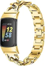 intended for Fitbit Charge 5 Bands Women&Men, Replacement Stainless Steel Band Cowboy Chain Alloy Wrist Strap intended for Charge 4 Women (Gold)