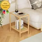 Side Table Nature Rattan Night Stand Glass End Table 2-Tier with Storage Boho Be