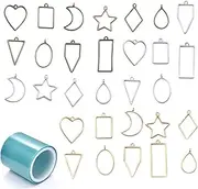 Supkeyer 30Pcs Mixed Bezel Frame Pendants Charm Geometric Hollow Trays Assorted Shape Open Back Pendants Molds for Resin Earrings Necklace Bracelet + 1 Roll Seamless Tape