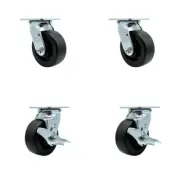 5 Inch Polyolefin Swivel Caster Set with Roller Bearings 2 Brakes Service Caster