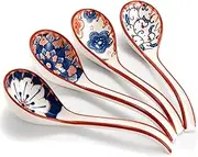BOEEA Ceramic Asian Soup Spoons Set of 4, Japanese Ramen Spoons, Long Handle Chinese Soup Spoons for Dumpling, Rice Noodles Wonton