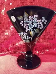 Fenton BLACK FAN VASE WITH FLOWERS SIGNED mintStands about 8.5 high. Fenton st