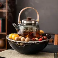 在飛比找ETMall東森購物網優惠-琨德圍爐煮茶電陶爐家用室內蒸茶器煮茶爐玻璃茶壺烤茶爐一套插電