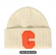 Letter “C” Patched Winter Knit Hat, Tan, Unisex Warm Cuff Benie Hat