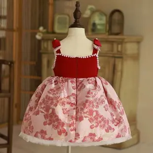 女童一周歲宴女寶寶禮服抓周嬰兒生日公主裙夏季紅色高端花童婚禮