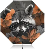 [PDZRMY] Raccoon Flower Butterfly UV Protection Travel Umbrella Compact for Rain and Sun - Auto Open and Close UPF 50+ Windproof Portable 46” Sun Umbrella for Women and Men