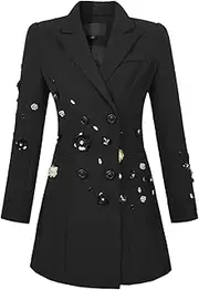 [Zadaos] Women's Rhinestones Patchwork Double-Breasted Blazers Fashion Design Long Sleeve Suit Jackets Black M(6)