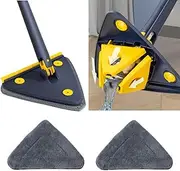 360° Degree Rotatable Adjustable Triangle Cleaning Mop with Glass Squeegee,Automatic Water Squeezing Function,Microfiber Dust,for Wall,Ceiling,Window and Baseboard-Blue||2 Cloth