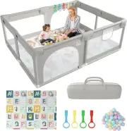 Baby Playpen with Mat 180×150 Cm, Baby Play Pen with 50 Balls Pit, 4X Pull Rings