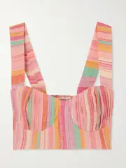 [Emporio Sirenuse] Emporio Sirenuse - Dalia Frayed Pleated Striped Linen Bustier Top - Pink - IT42 IT 42 Pink