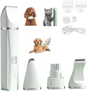 Tickle Paw 4 in 1 Electric Pet Grooming Kit - Hair Trimmer, Quiet Dog Nail Grinder & Paw Trimmer, Rechargeable Low Noise, Precision Trimming, Waterproof, for Cat Dogs Paws Face Ears (White)