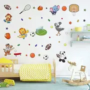 AnFigure Animal Sports Wall Decals Boys Kids Baby Childrens Wall Stickers Nursery Playroom Bedroom Wall Decal Lion Tiger Elephant Monkey Panda Soccer Basketball Rugby Peel and Stick Wall Decor