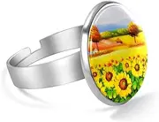 [FVQL] Adjustable Ring for Girls, Rural Sunflower and Tree Painting
