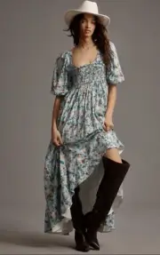Anthropologie Midi Dress Women Babydoll Blue Floral Puff Sleeve Smock Sz SP NWT