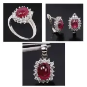 925 Sterling Silver Natural Pink Red Ruby Oval Gemstone & White CZ Set Size 7.75