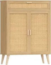 [Rovaurx] Rattan Floor Storage Cabinet with 2 Doors, Bathroom Cabinet with Large Drawer, Freestanding Storage Cabinet Organizer, Natural BMGZ107M
