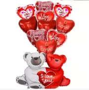 Valentine Balloon Bouquet ~ Bears & 10 Heart Shape Balloons Birthday Gift 11p