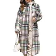 Nevenka Womens Lapel Plaid Wool Blend Coat Long Jacket-Color Green