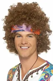 Smiffys Hippy Afro with Headscarf and Peace Sign Necklace - Brown