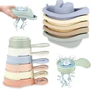 YOLOMOON Bath Toys for Toddler 1-3, Baby Toy for 1 2 3 Year Old Boys Girls Birthday Gift, Kid Bathtub Toy Floating Boat with Bathing Spoon, Stacking Pool Toy, Water Table Toy Mold Free (Neutral color)