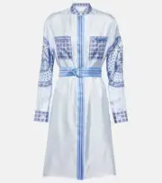 Burberry Monument Printed Blue Silk Satin Shirt Dress Belted Size 2 NWT $1,890