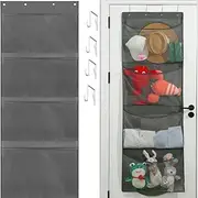 Toy Storage Bag, Over The Door Organizer for Closet with 4 Large Pockets Hanging Storage Bag with Reinforced Hooks, Fits Stuffed Animals, Baby Clothes & Accessories (Foldable for RV/Bedroom/Laundry)