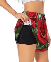 [GaxfjRu] Red Rose Flowers Print Women's Running Shorts High Waisted Running Shorts Pocket Sporty Gym Elastic Short