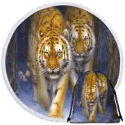 Cool Animal Art Two Tigers in the Siberian Forest Round Beach Towel