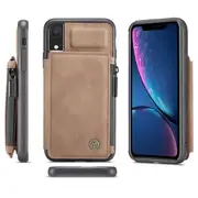 For Apple iPhone XR CaseMe Back Zipper Wallet Case W/ 3 Card Slots, RFID Blocking, 1 Money Pocket, Credit Card Holder Leather Cover (Brown)
