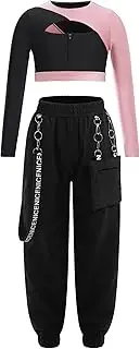 [FEESHOW] Girls 2PC Hip Hop Dance Costume Long Sleeve Crop Top + Cargo Pants Set Jazz Dancewear Tracksuit Fitness Sports Suit