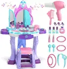 Pretend Play Kids Vanity Table and Chair Set, Girls Makeup Table with Mirror Sto