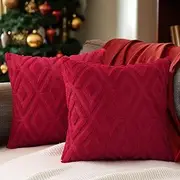 CJWLKJ 2Pcs Soft Faux Fur Throw Pillow Covers 18x18 - Plush Short Wool Velvet Decorative Pillow Covers - Couch Sofa Pillow Covers for Living Room - with 3D Diamond Pattern (Red)