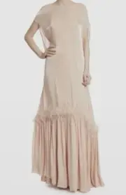 $1456 Badgley Mischka Women's Pink Layered Sequin Feather-Trim Gown Size 4
