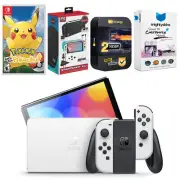 Nintendo Switch White OLED + Pokemon Let's Go, Pikachu! + Accessory Gaming Kit
