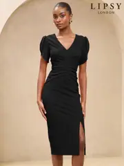 Lipsy Black Tulip Sleeve Ruched Midi Bodycon Dress (AJ5374) | $98