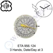 Genuine ETA 956.124 Watch Movement Swiss 3 Hands, Date/Day at 3