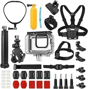 Adaptom Accessories Kit for Go Pro,Waterproof Case+Neck Mount+Selfie Stick+Clamp Mount+Chest Strap for Go Pro Hero 12 11 10 9 8 7 6 5 4 Max Insta360 X3 X2 Go 3 DJI Action 3 2 Action Cameras Accessory