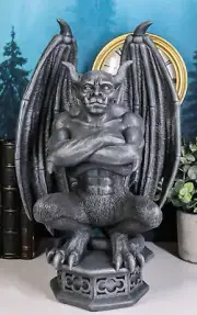 Ebros 12"H Gothic Horned Bulldog Gargoyle W/ Large Wings Crouching On Pedestal