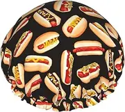 Fun Food Hot Dogs Print Various Activities Shower Cap Reusable Soft And Lightweight Bath Hair Cap Long Hair