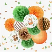 Wildwood Party Pack: 12 Forest Animal Paper Lanterns, Tissue Pom Poms, Confetti