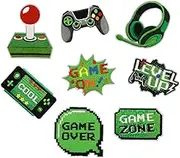 HEYTRCO 8PCS Video Game Iron on Patches, Green Retro Arcade Game Over Embroidered Iron on Badges for Clothes, Custom Vintage Applique for Hats, Jeans, Jackets, Bags, Backpacks, Dress