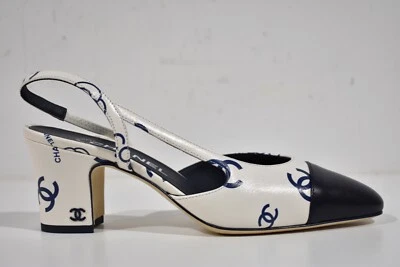 Chanel 23P Mademoiselle Coco Sling White Blue CC Logo Slingback Sandal Heel 40